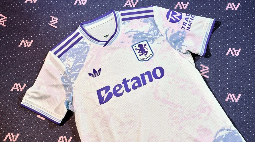 Aston Villa Third Kit 25/26 in white with pastel marble pattern and maroon trims.