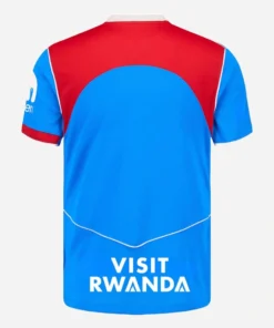 Nike Atletico Madrid Third Kit 25/26, back view, blue base, red accents, white highlights, short sleeves, no name or number.