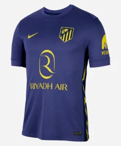Nike Atletico Madrid Away Kit 25/26, front view, navy base, lightning bolt graphics, crewneck, short sleeves.