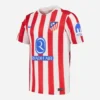 Nike Atletico Madrid Home Kit 25/26, front view, red-and-white stripes, vintage-inspired collar, short sleeves.