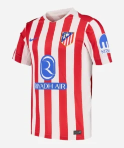 Nike Atletico Madrid Home Kit 25/26, front view, red-and-white stripes, vintage-inspired collar, short sleeves.