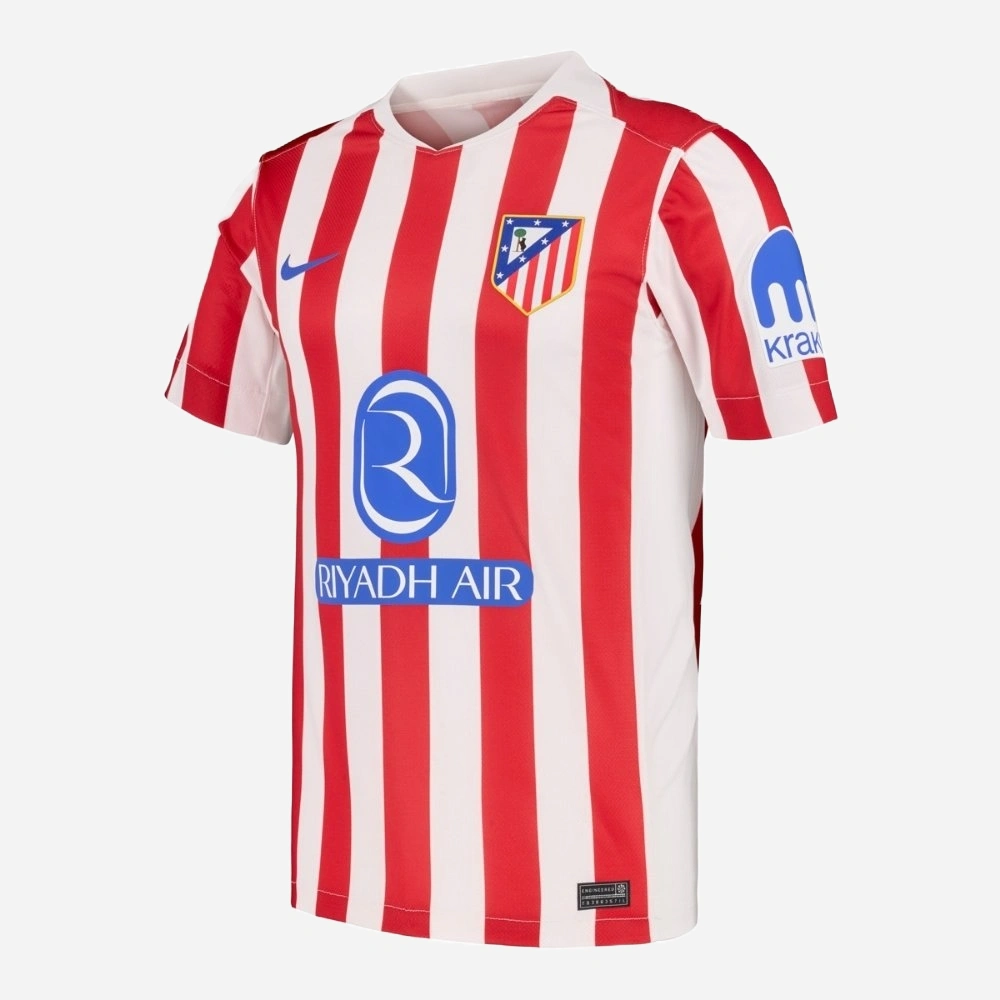 Nike Atletico Madrid Home Kit 25/26, front view, red-and-white stripes, vintage-inspired collar, short sleeves.