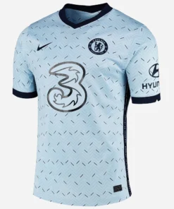 Front view of Chelsea Away Kit 20/21 by Nike, arctic blue base, short sleeves, V-neck collar.
