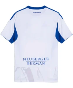 Adidas Como Away Kit 25/26 in white with royal blue accents, crewneck, short sleeves, back view, no name or number.