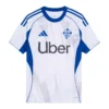 Adidas Como Away Kit 25/26 in white with royal blue accents, crewneck, short sleeves, front view.