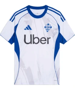 Adidas Como Away Kit 25/26 in white with royal blue accents, crewneck, short sleeves, front view.