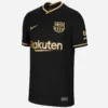 Back view of Nike FC Barcelona Away Kit 20/21 in black with gold accents, V-neck collar and short sleeves.