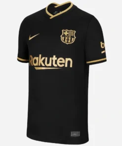 Back view of Nike FC Barcelona Away Kit 20/21 in black with gold accents, V-neck collar and short sleeves.