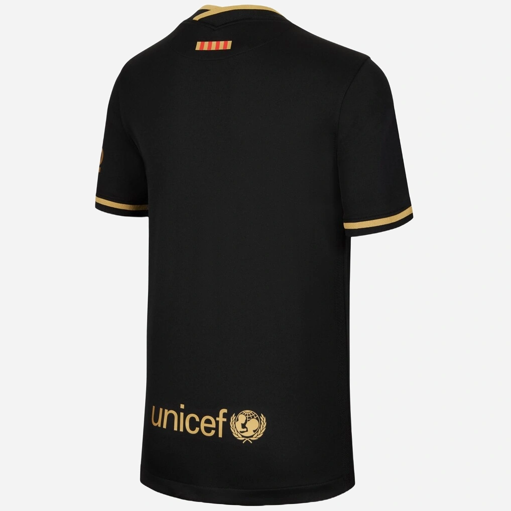 Back view of Nike FC Barcelona Away Kit 20/21 in black with gold accents, short sleeves, no name or number.