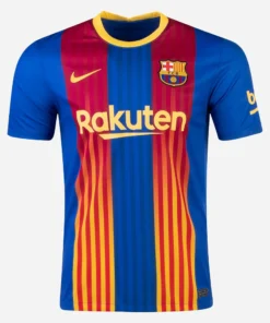 Front view of Nike Barcelona El Clásico Fourth Kit 20/21 with blaugrana stripes, Senyera colors, crew neck, short sleeves.