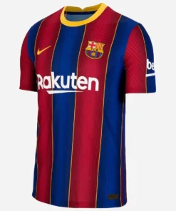 Front view of Nike FC Barcelona Home Kit 20/21 in blaugrana stripes with gold crew collar and short sleeves.