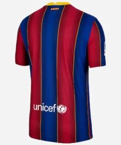 Back view of Nike FC Barcelona Home Kit 20/21, blaugrana stripes with gold details, short sleeves, no name or number.