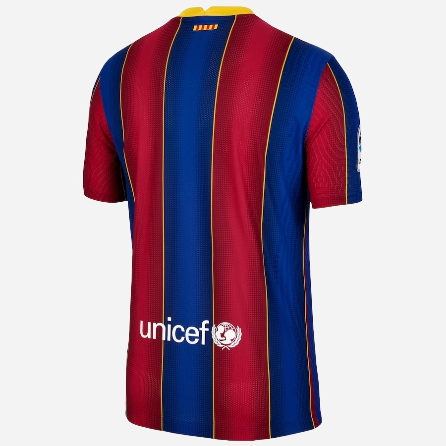 Back view of Nike FC Barcelona Home Kit 20/21, blaugrana stripes with gold details, short sleeves, no name or number.