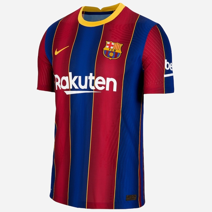 Front view of Nike FC Barcelona Home Kit 20/21 in blaugrana stripes with gold crew collar and short sleeves.