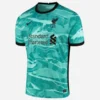 Nike Liverpool Away Kit 20/21 in teal with black accents, black crewneck, and short sleeves, back view.
