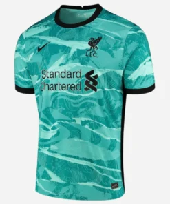 Nike Liverpool Away Kit 20/21 in teal with black accents, black crewneck, and short sleeves, back view.