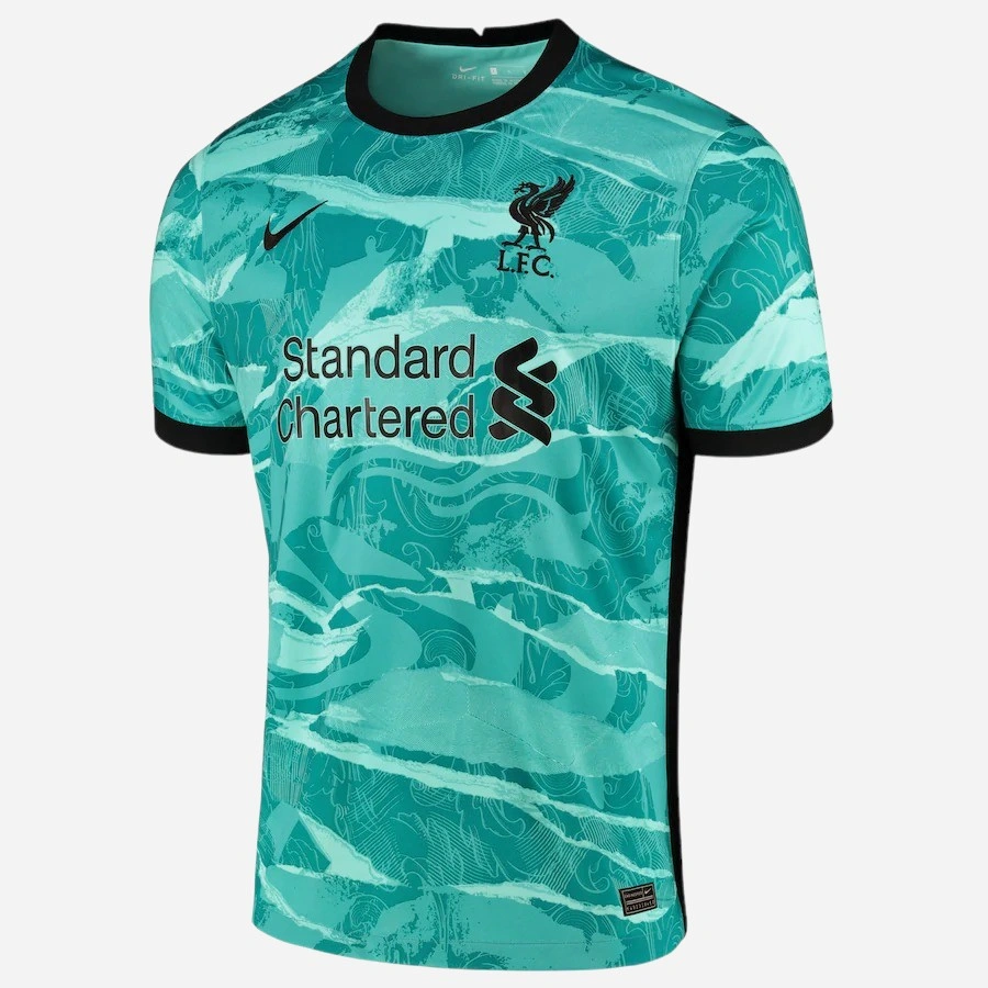 Nike Liverpool Away Kit 20/21 in teal with black accents, black crewneck, and short sleeves, back view.