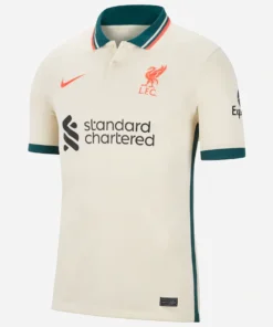 Front view of Nike Liverpool Away Kit 21/22 in stone white with dark teal polo collar and short sleeves.