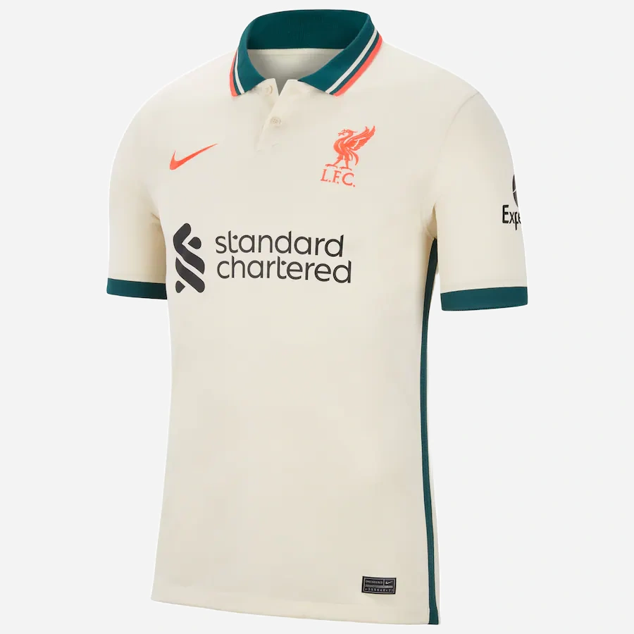 Front view of Nike Liverpool Away Kit 21/22 in stone white with dark teal polo collar and short sleeves.