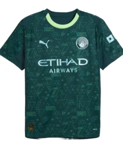 Front view of the PUMA Manchester City Fourth Kit 25/26 with dark green base, short sleeves, and crew neck.