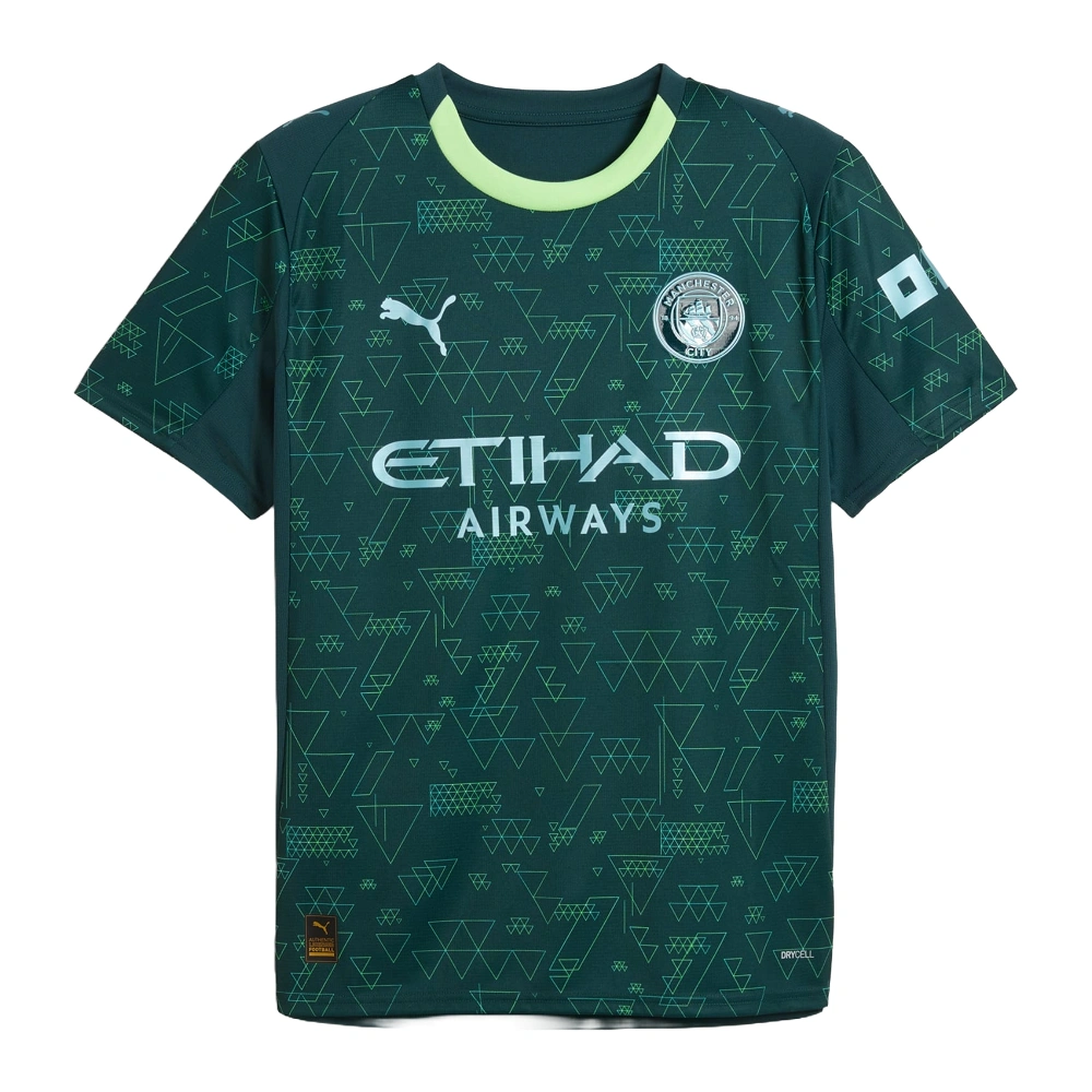 Front view of the PUMA Manchester City Fourth Kit 25/26 with dark green base, short sleeves, and crew neck.