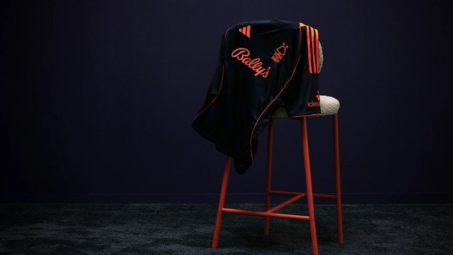 Nottingham Forest Third Kit 25/26 in navy with black pattern and red adidas details.