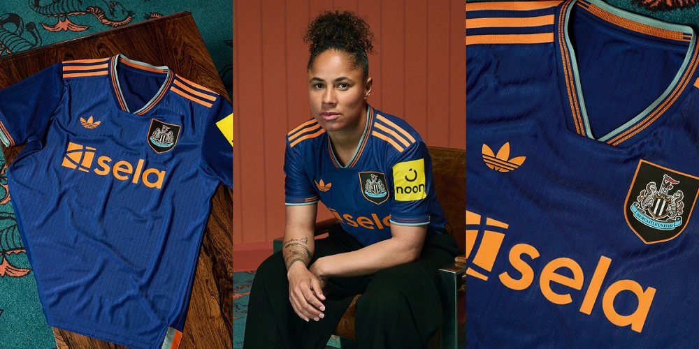 Newcastle United Third Kit 25/26 in navy with orange and green details and Trefoil logo.