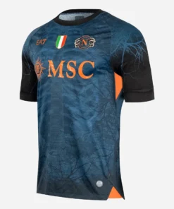 EA7 Napoli Halloween Kit 25/26, front view, deep blue base, orange accents, crewneck, short sleeves.