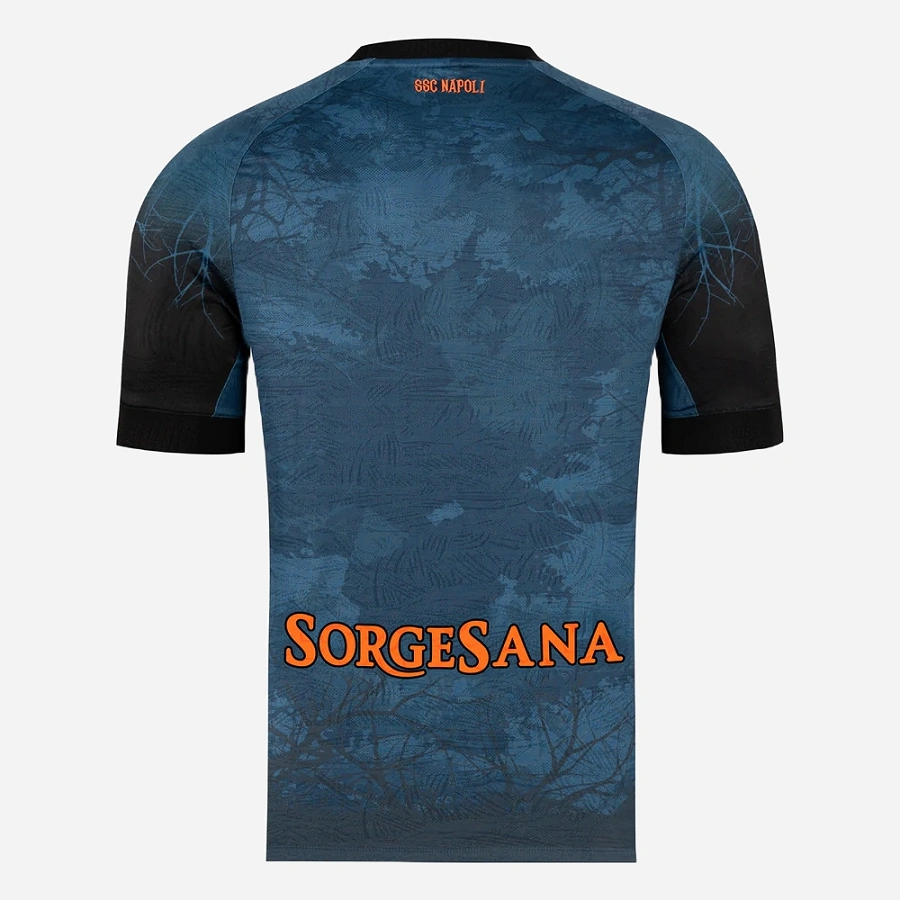 Back view of EA7 Napoli Halloween Kit 25/26, deep night-inspired base, orange accents, short sleeves.
