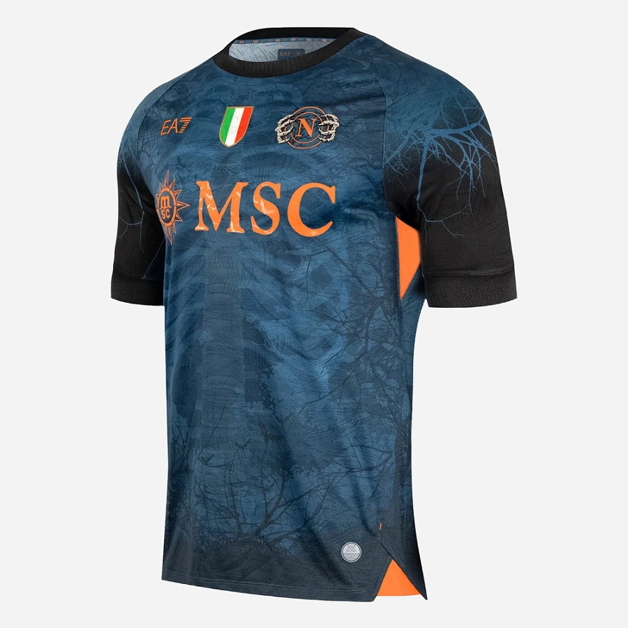 EA7 Napoli Halloween Kit 25/26, front view, deep blue base, orange accents, crewneck, short sleeves.