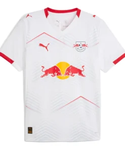 Front view of PUMA RB Leipzig Home Kit 25/26 in white, V-neck collar, short-sleeved design.