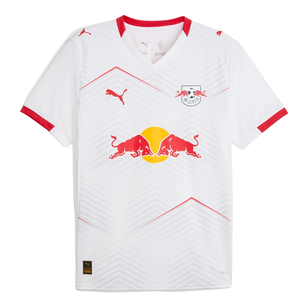 Front view of PUMA RB Leipzig Home Kit 25/26 in white, V-neck collar, short-sleeved design.