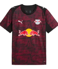 PUMA RB Leipzig Third Kit 25/26, front view, black base with red graphics, crewneck collar, short sleeves.