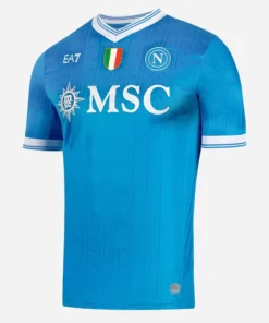 EA7 SSC Napoli Home Kit 25/26, front view, sky blue jersey with V-neck collar and short sleeves.