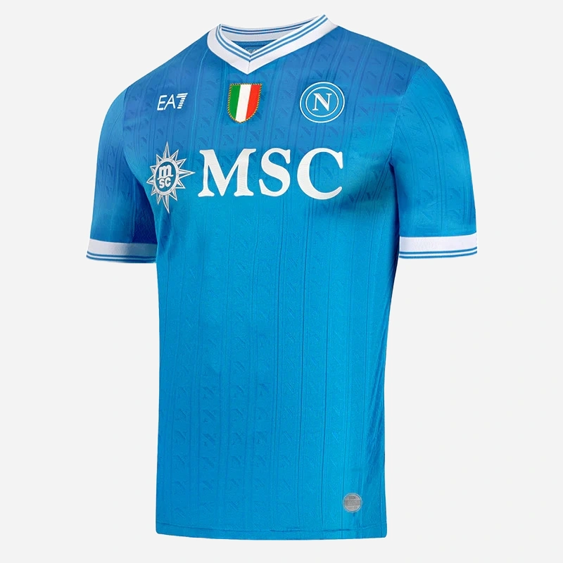 EA7 SSC Napoli Home Kit 25/26, front view, sky blue jersey with V-neck collar and short sleeves.