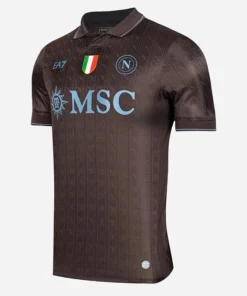 EA7 SSC Napoli Third Kit 25/26, front view, Moka jersey with polo-style collar, sky-blue trims, and short sleeves.