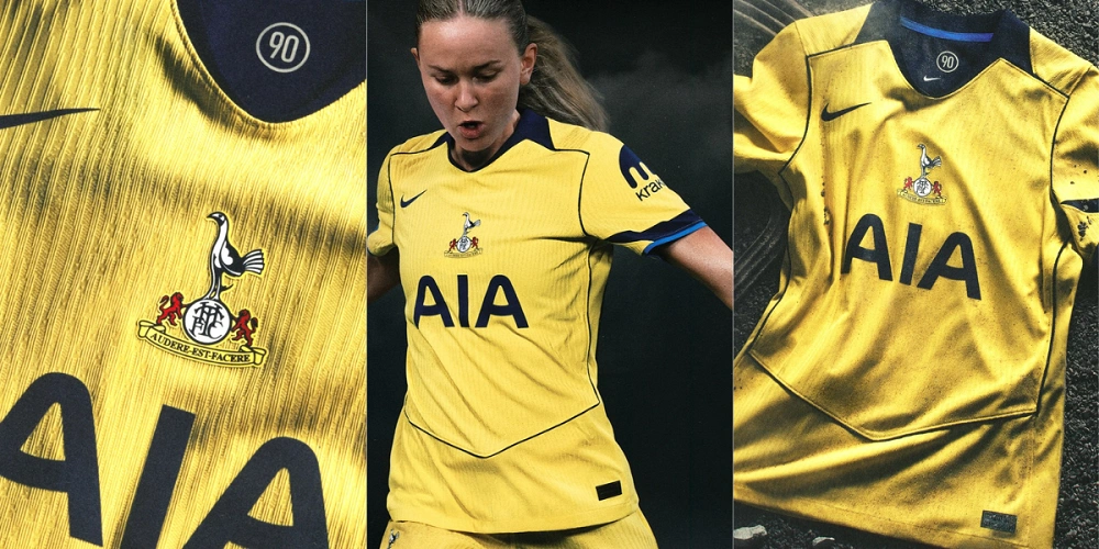 Tottenham Hotspur Third Kit 25/26 in yellow with blue and navy details and retro collar.