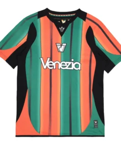 NOCTA Venezia Third Kit 25/26, orange and green stripes, V-neck collar, short sleeves, front view.