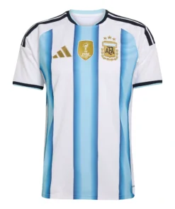 Adidas Argentina Home Kit 2026, white and sky blue stripes, short sleeves, front view.