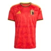Adidas Belgium Home Kit 2026, front view, red base with gold and black accents, crewneck collar, short sleeves.