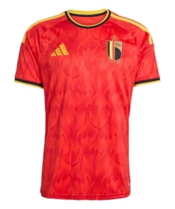 Adidas Belgium Home Kit 2026, front view, red base with gold and black accents, crewneck collar, short sleeves.