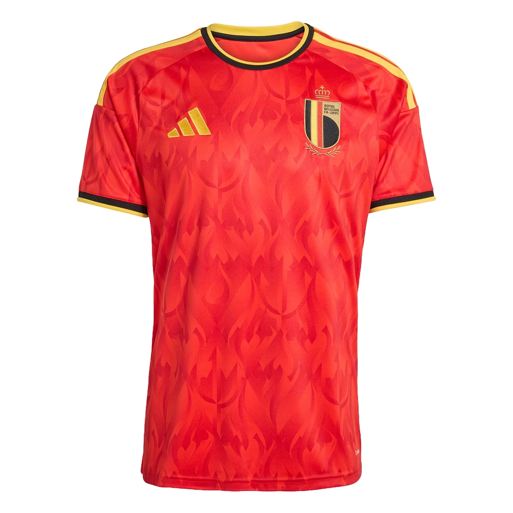 Adidas Belgium Home Kit 2026, front view, red base with gold and black accents, crewneck collar, short sleeves.