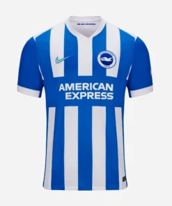 Brighton Home Kit 25/26 by Nike, front view, blue and white stripes, V-neck, short sleeves.