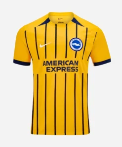 Nike Brighton Third Kit 25/26, front view, yellow with navy stripes, crewneck, short sleeves.