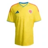 Adidas Colombia Home Jersey 2026, front view, yellow with butterfly-wing-inspired motifs, V-neck collar, short sleeves.