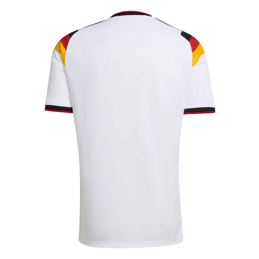 Back view of Adidas Germany Home Kit 2026, white with black, red, and yellow accents, short sleeves, no name or number.