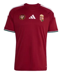 Adidas Hungary Home Kit 2026, front view, red base with white and green accents, crewneck, short sleeves.