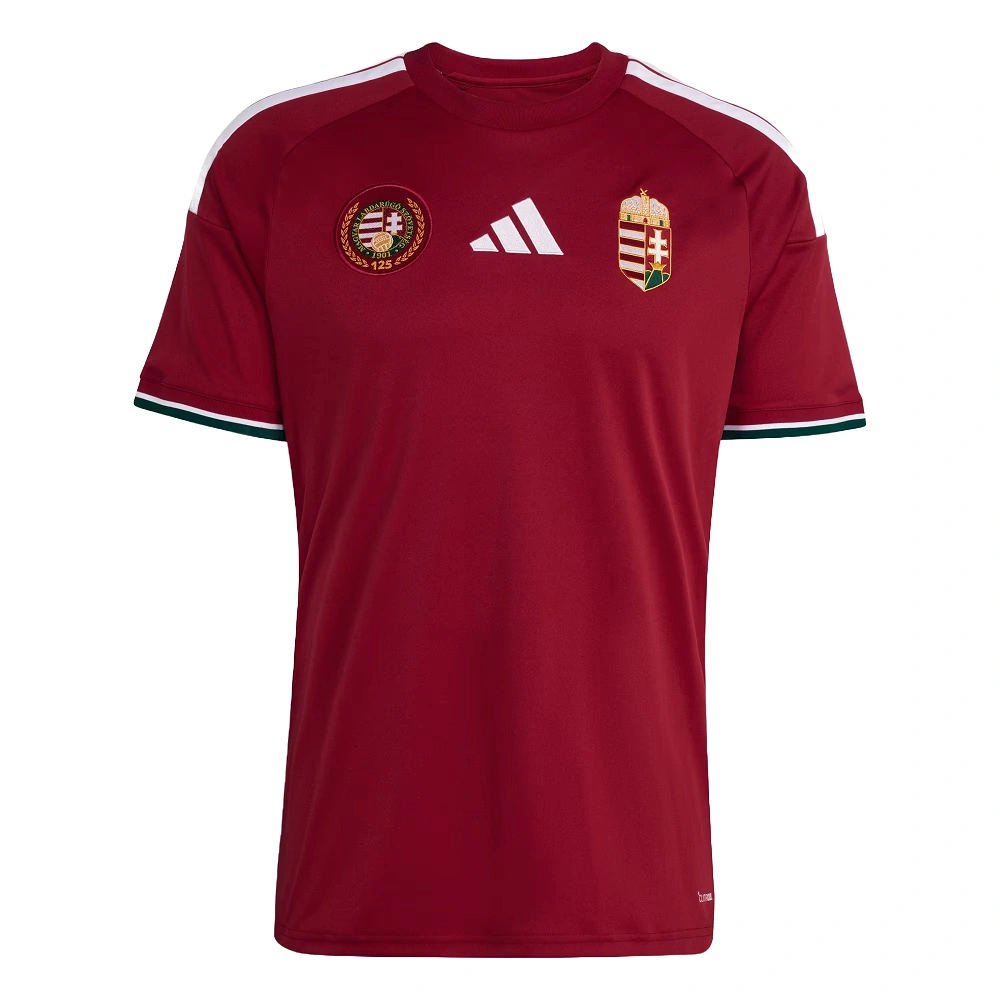 Adidas Hungary Home Kit 2026, front view, red base with white and green accents, crewneck, short sleeves.