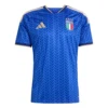 Adidas Italy Home Kit 2026, front view, blue base with gold accents, laurel-inspired details, short sleeves.