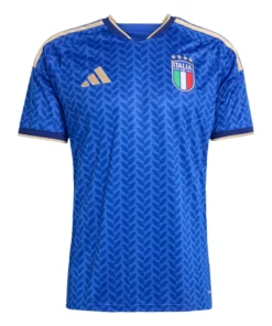 Adidas Italy Home Kit 2026, front view, blue base with gold accents, laurel-inspired details, short sleeves.